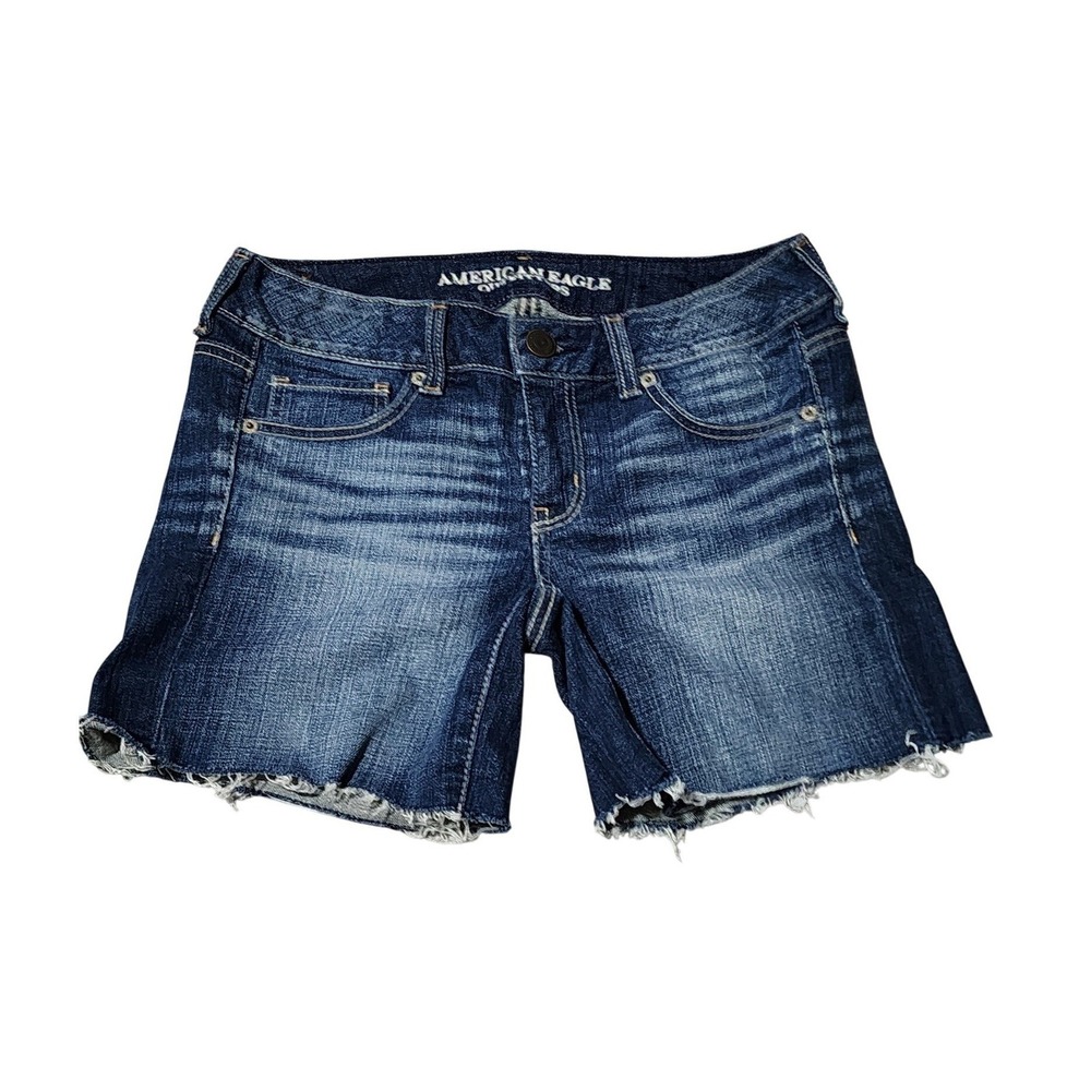 American Eagle Cut Off Denim Shorts 4 Stretch Blue Dark Wash Distressed Grunge